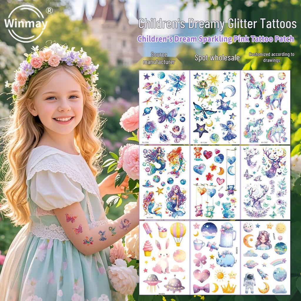 Fairy Tale Glitter Tattoo Stickers: Waterproof Butterfly, Unicorn & Bear Designs