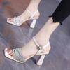 Fashion Slip Strap Square Heel Sandals Summer New Square Toe Open Toe Rhinestone Slender Strap Anti-slip Wear-resistant High Heels