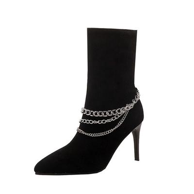 Rudens Stiletto Augstpapēžu Sieviešu Potītes Zābaki Metāla Ķēdes Dizains Zamšādas Smails Purngals Sieviešu Seksīgi Apavi Melni Aprikožu Pumpji WSH4714