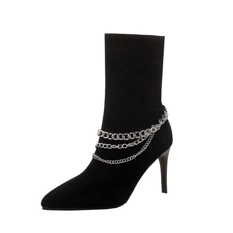 Autumn Stiletto High Heels Women's Ankle Boots Metal Chain Design Suede Pointed Toe Women Sexy Shoes Black Apricot Pumps WSH4714