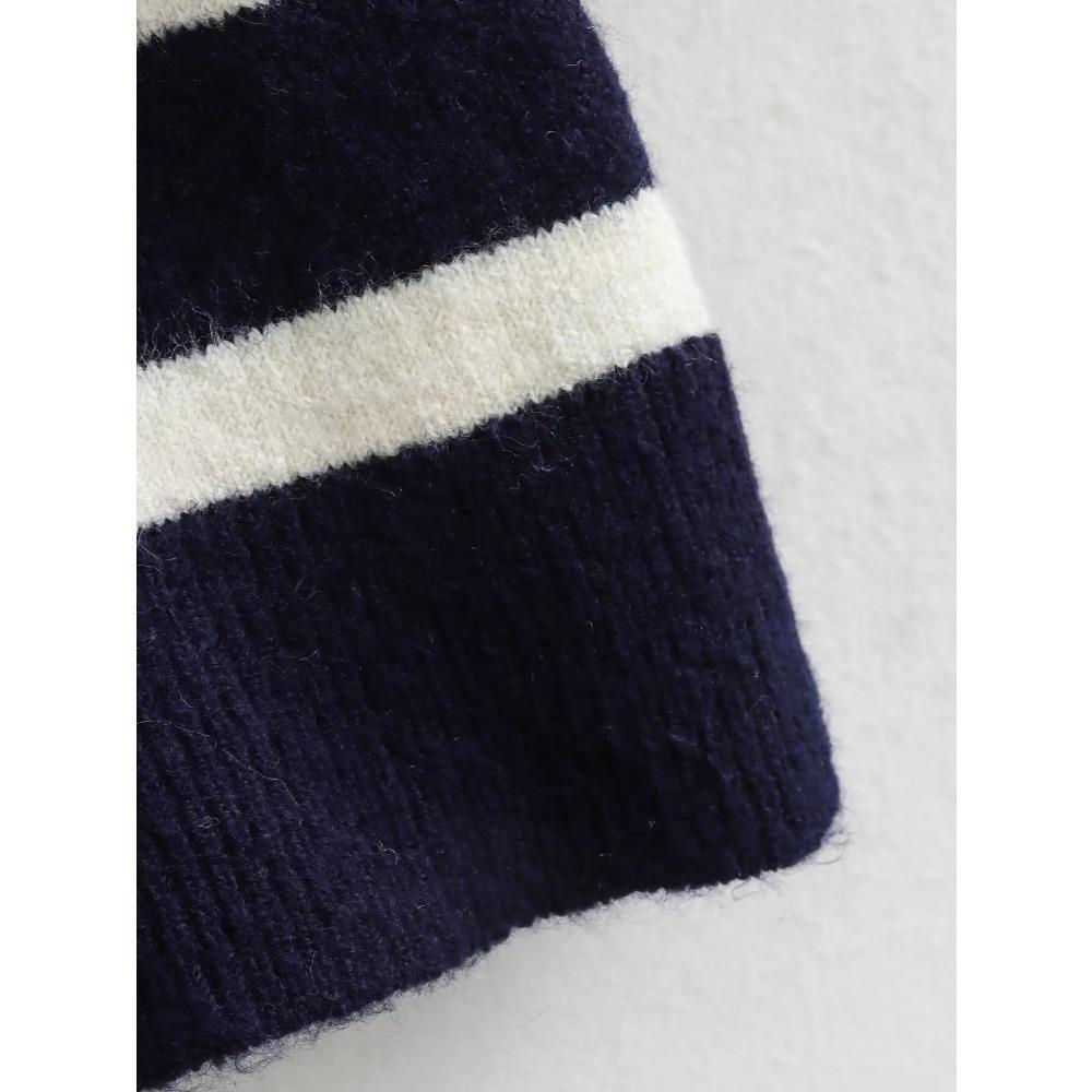 Autumn Winter Fashion Striped Zippered Lapel Long Sleeve Loose Casual Knitted Sweater for Women
