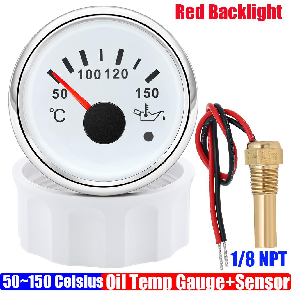 Auto Car Boat 2" 52mm Oil Temperature Gauge with Warning Red Light 50~150℃ Oil Temp Meter+Sensor 1/8NPT M14X1.5 DC12V 24V