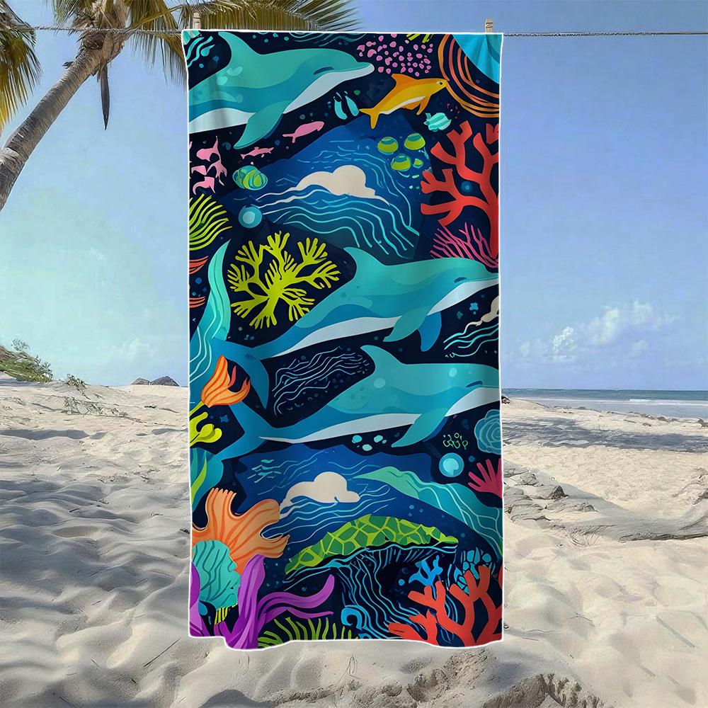 

Coral Dolphin & Seagull Tropical Pattern Beach Towel, Soft Durable Quick-Drying, Ideal For Summer Beach, Swimming & Camping W40*H60(CM)