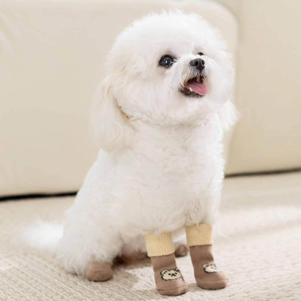 4pcs/set Elastic Pet Anti-slip Socks Cartoon Pattern Dog Paw Protectors Pet Footwear  Autumn Winter