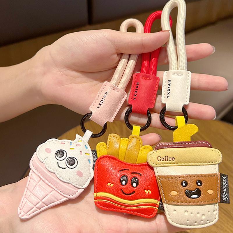 Creative Cartoon Leather Snacks Keychain Cute French Fries Coffee Ice Cream Keyring For Men Women Car Bag Pendant Jewelry Gift