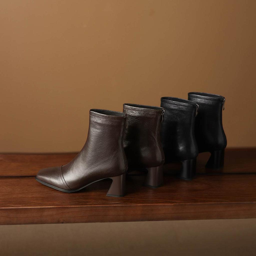 Krazing Pot Sheepskin Winter Square Toe Modern Boots Thick High Heels Zipper Women Ankle Boots