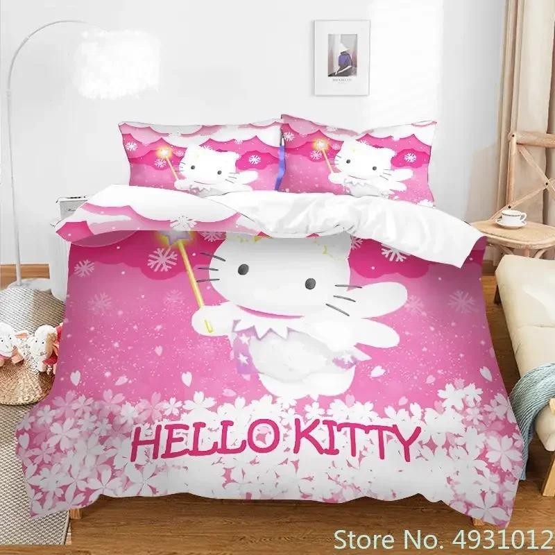 Carino set biancheria da letto Hello Kitty Angelo Federa Anime Giapponese Biancheria da letto Copripiumino Stampato 3D Copripiumino Regalo per Bambini Bambino