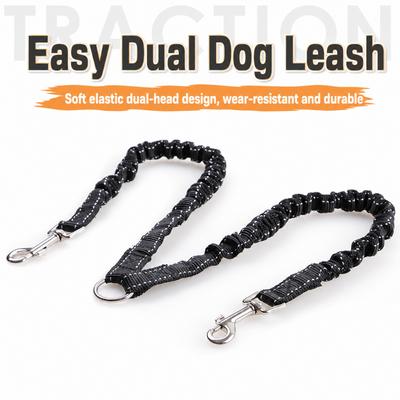 Double Head Dog Leash Elastic Nylon Dual Dog Lead Shock Absorbing Bungee Pet Walking Lead With 360 Swivel Hooks Anti Tangle Metal Clips