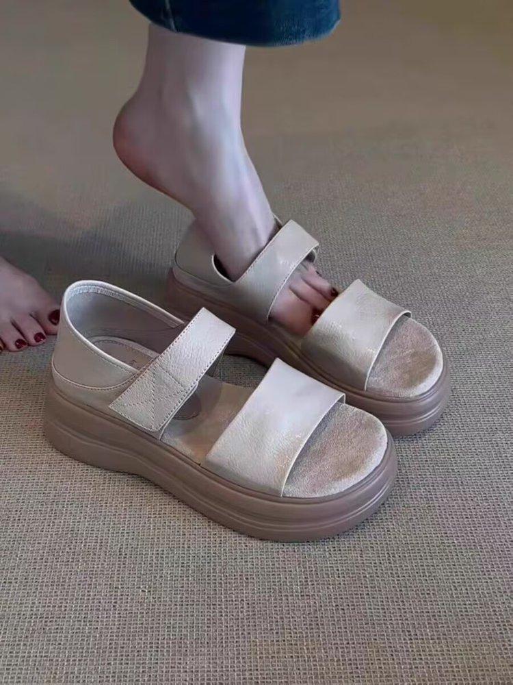 Soft leather~ platform sandals women's summer wear retro casual heightening skirt beautiful versatile soft-soled Roman shoes