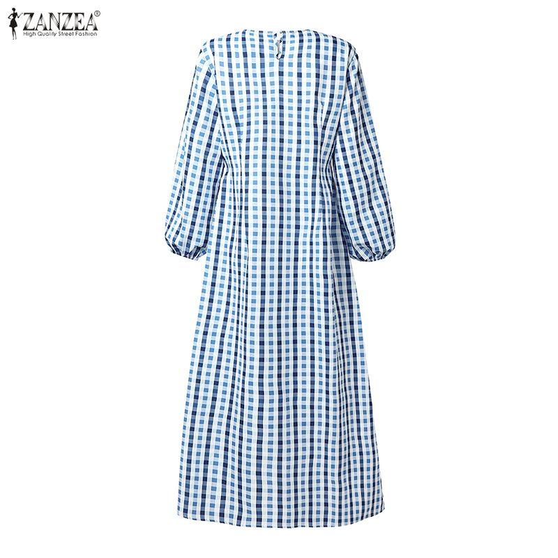 ZANZEA Women Casual Round Neck Long Sleeve Patchwork Plaid Print Dress