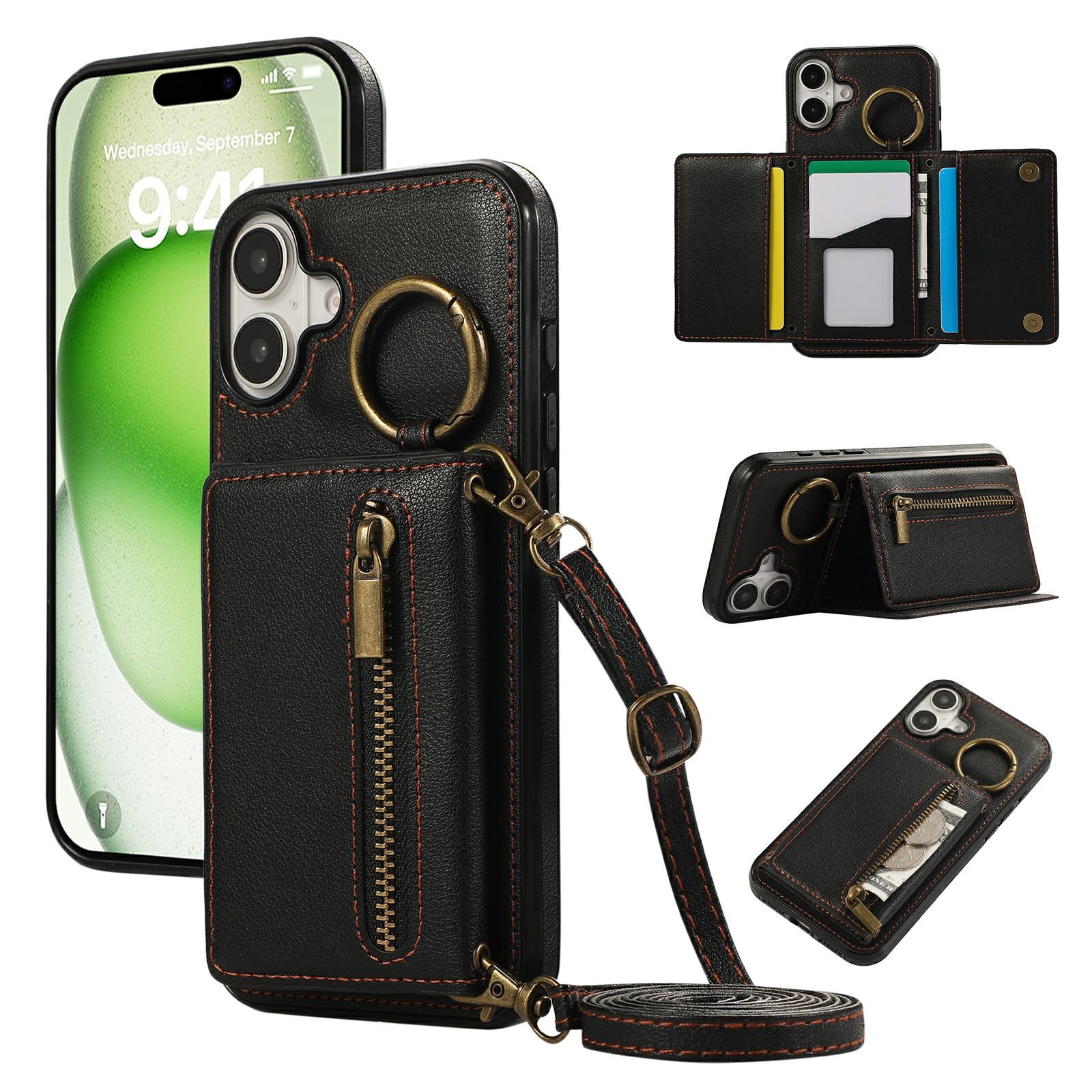 

For iPhone 17 Leather Back Cover Zipper Wallet Kickstand Phone Case with Shoulder Strap Black