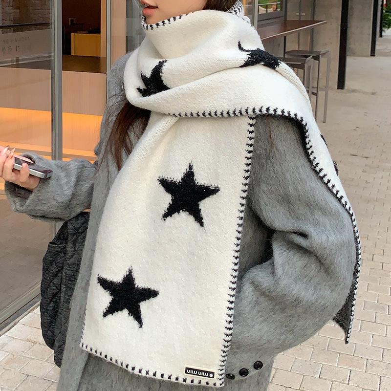 Autumn And Winter Star Print Scarf Women Thickened Warmth Korean Wrap Shawl Versatile Knitted Scarf