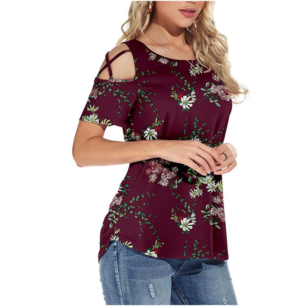 Women's Summer Printing Short Sleeve Strappy Cold Shoulder T-Shirt Tops Blouses