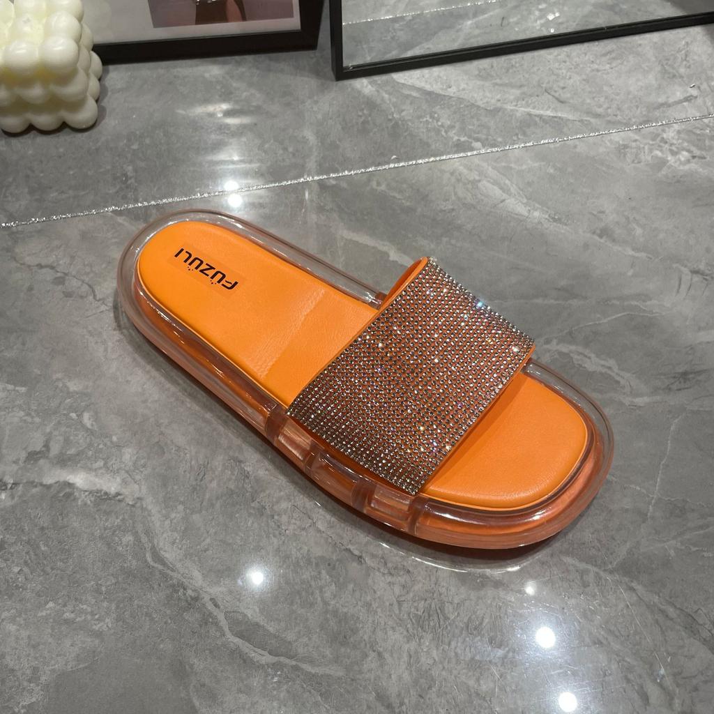 Ciabatte moda estiva da donna sandali comodi a fondo piatto color caramella 2025 nuove scarpe da spiaggia con cinturino in strass flash