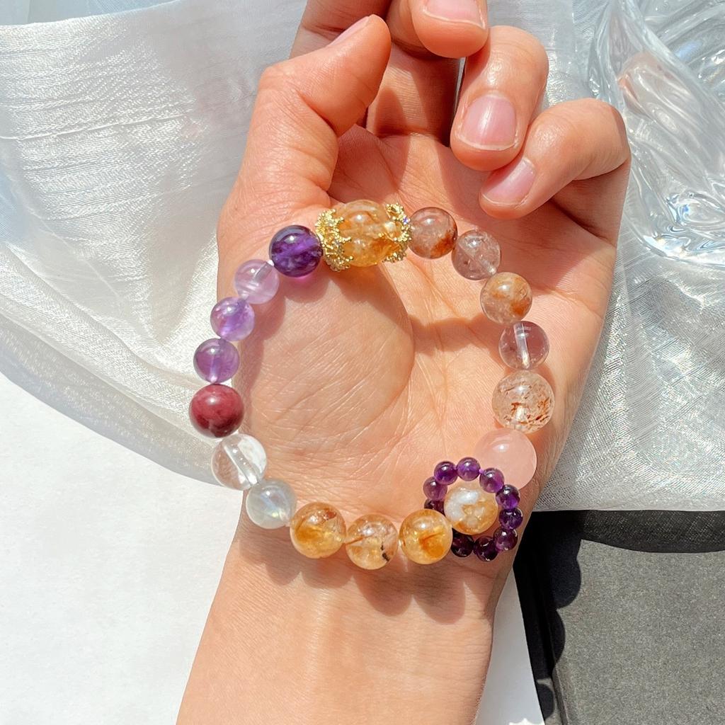 Natural Purple Ghost Powder Amethyst Gray Moonstone Black Gold Super Seven Citrine Design Bracelet Bracelet