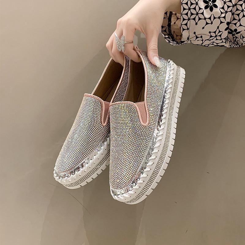 Spring new lazy one-pedal casual shoes thick-soled round head single shoes women's rhinestone loafer single shoes large size