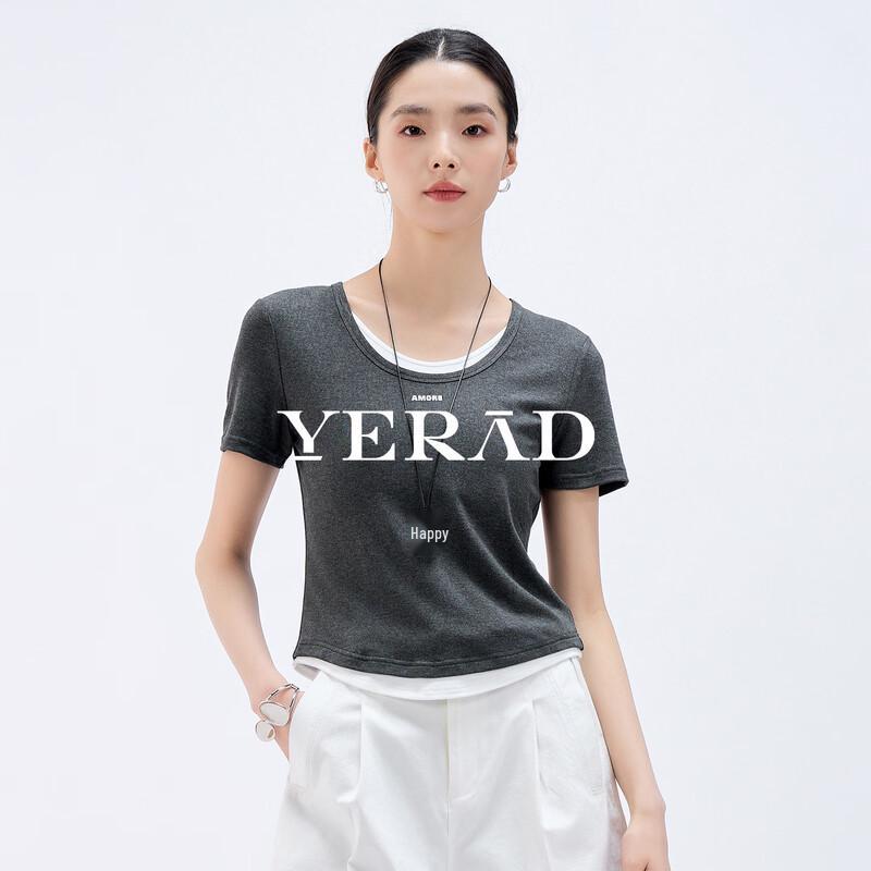 YERAD Women's Casual Faux Two-Piece Grey Short Sleeve T-Shirt