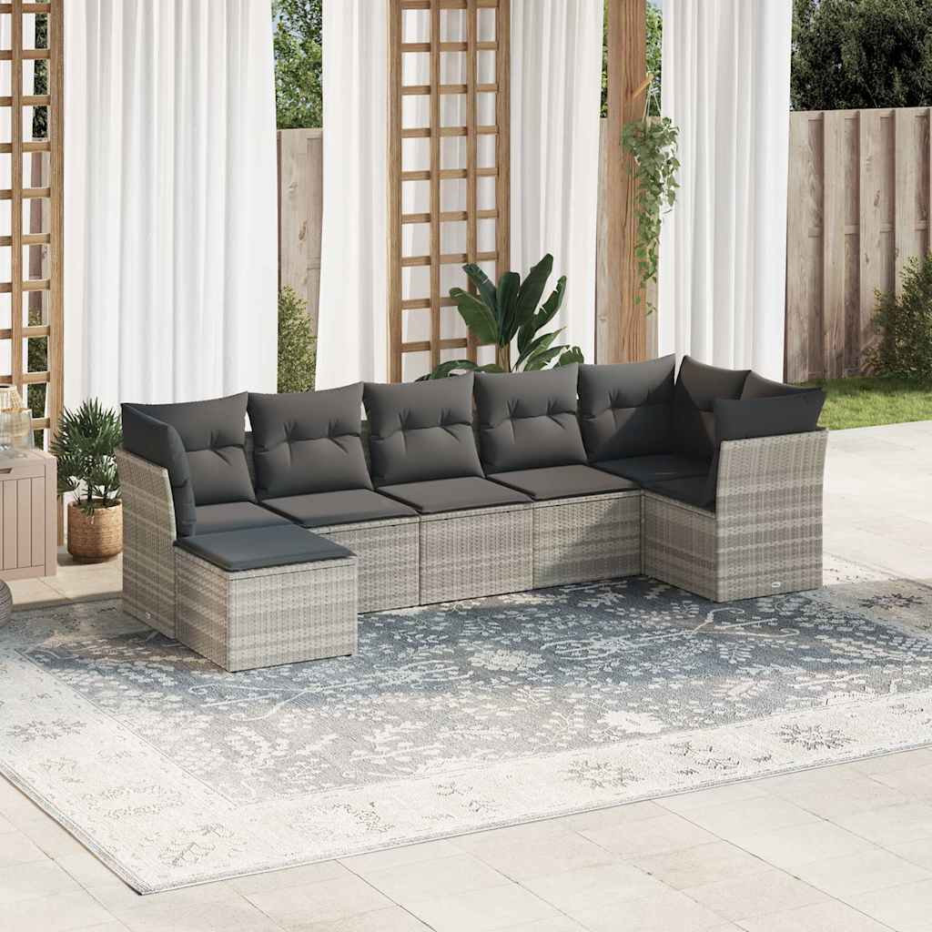 7-teiliges Gartensofa-Set mit Kissen Hellgrau Poly-Rattan