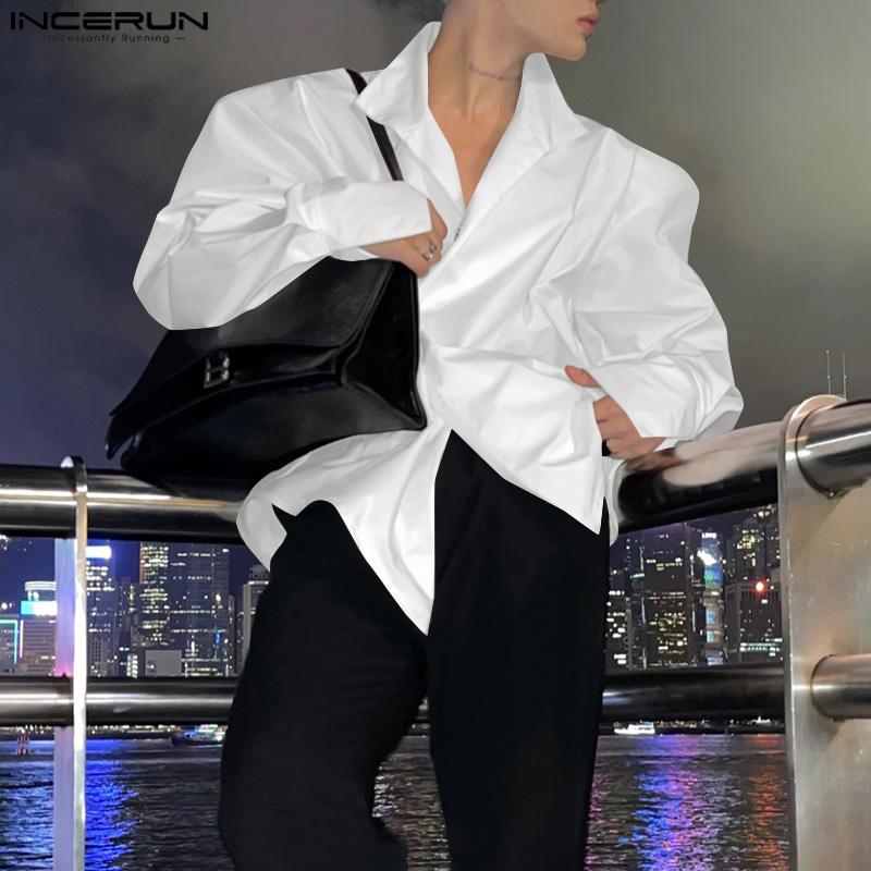 INCERUN Pánské jarní košile s dlouhým rukávem a klopou, boční knoflíky, ležérní topy