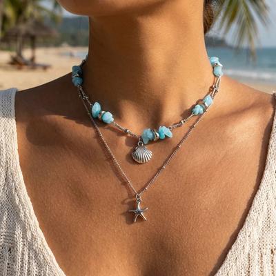 Bohemian Summer Double Layered Necklace for Women Blue Irregular Stone Beaded Starfish Pendant Choker Vacation Jewelry Gifts