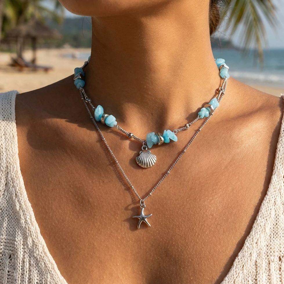 Bohemian Summer Double Layered Necklace for Women Blue Irregular Stone Beaded Starfish Pendant Choker Vacation Jewelry Gifts