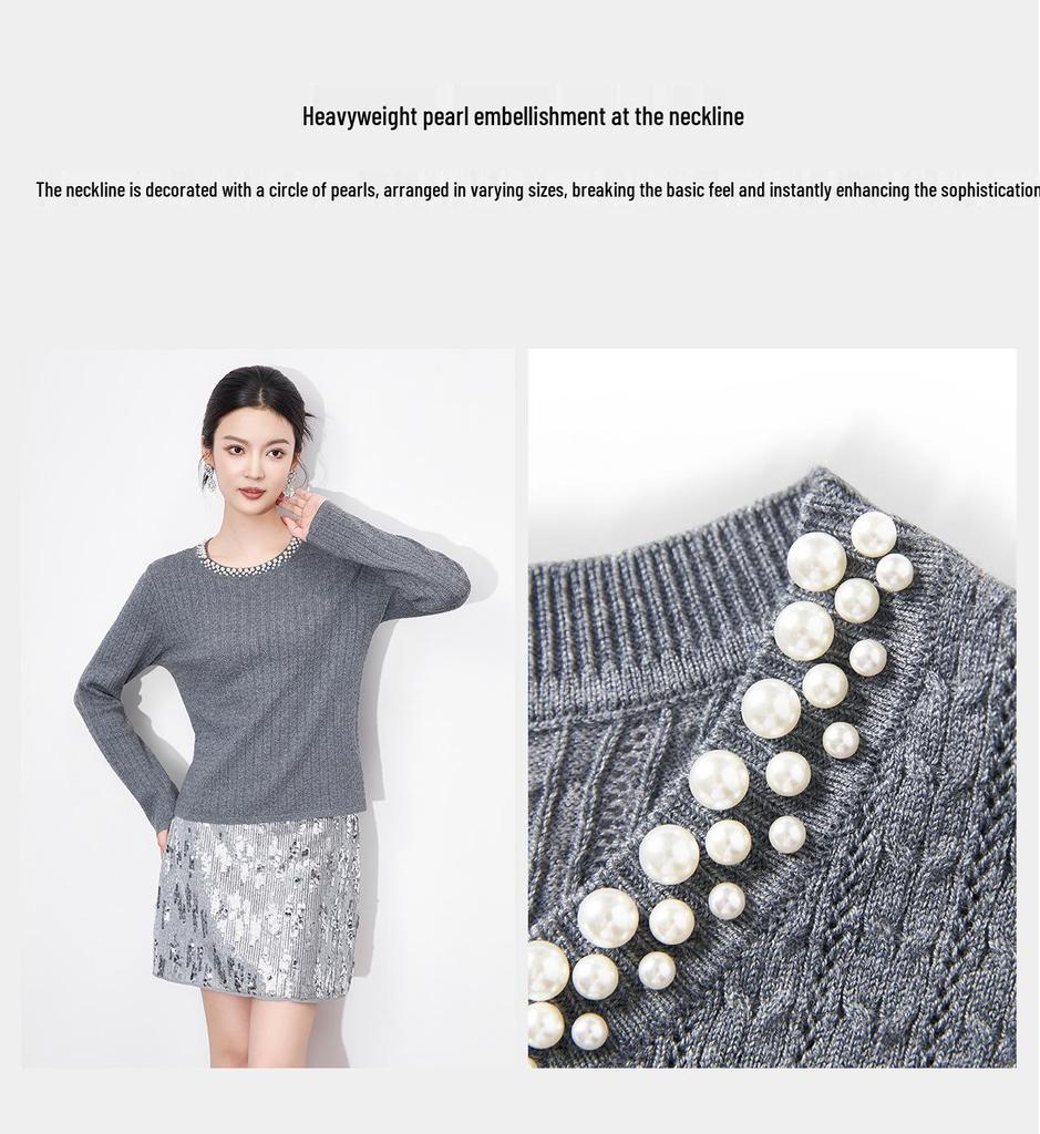 Light Luxury 3D Cable Knit Beaded Round Neck Long Sleeve Sweater Top for Women