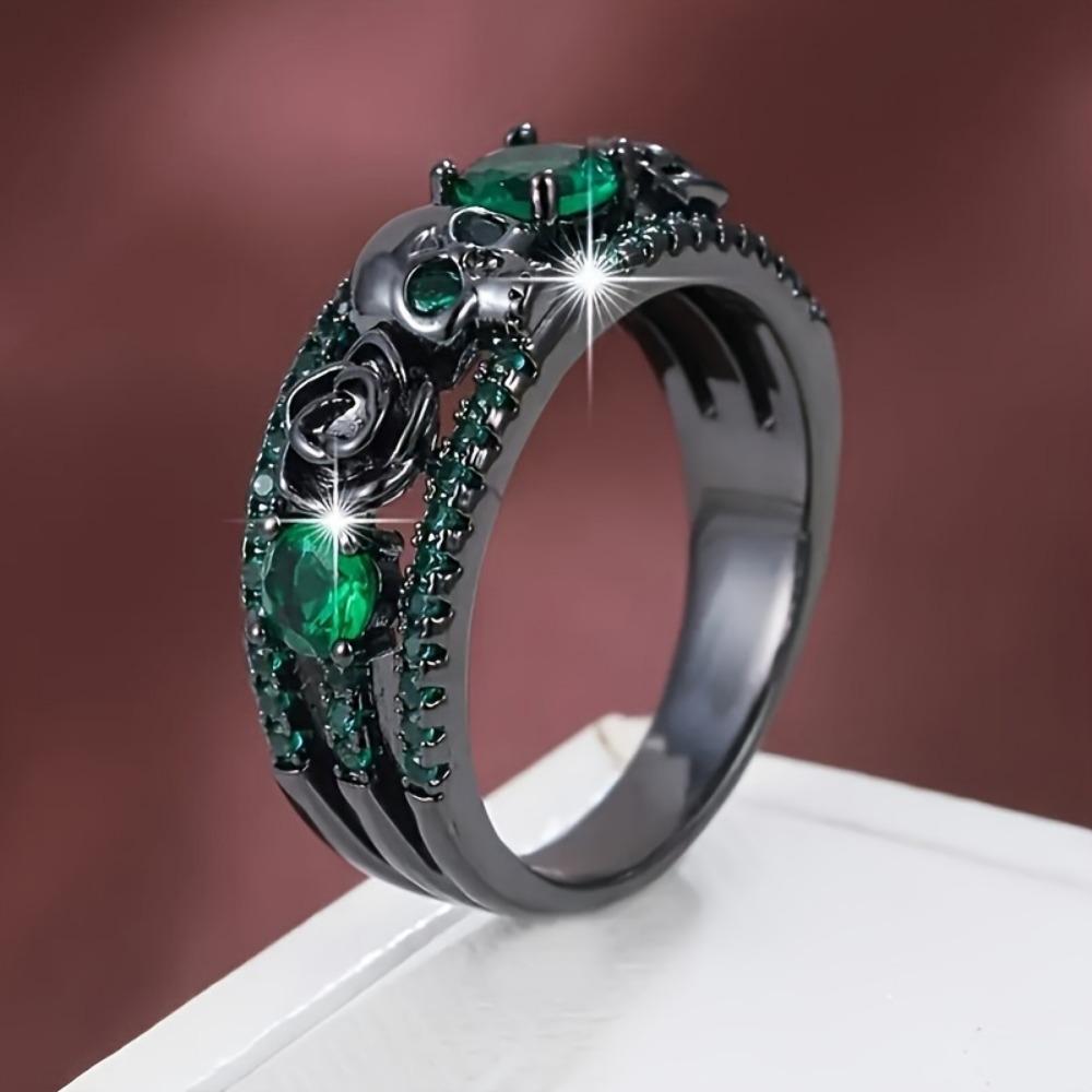 Punky & Simply Style, Black Ring Skull & Rose Design Paved Shining Zirconia Suitable For Men And Women Rings