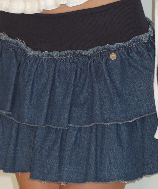 Ronron Cancan Ruffle Banding Denim Pantskirt Blue
