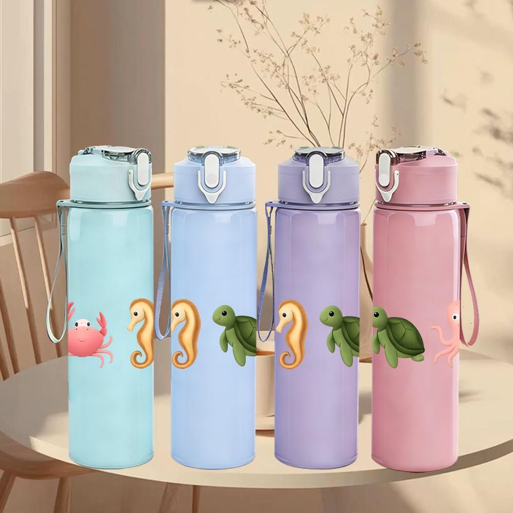 1PC Mixed Ocean Creature Sketch 750ml Color Plastic Sports Water Bottle Leakproof Flip Straw Lid Suitable for Sports Office Home Use