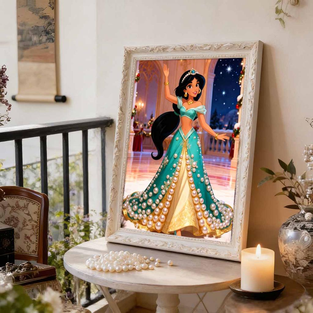 Disney Aladdin Jasmine Princess with Pearl Decorated Set 5D Artificial Pearl Puzzle Embroidered Home Decorative Handmade Gift