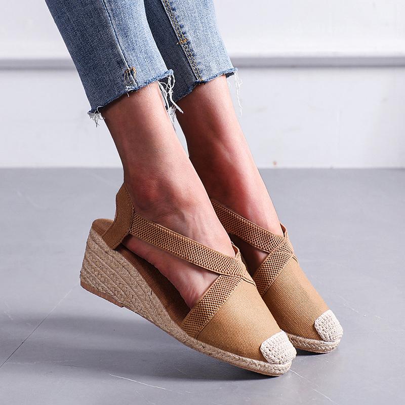 Fashion Women Sandals Summer Fashion Solid Color Espadrilles Casual Cross Belt Casual Wedge Sandal Fashion Outdoor Beach Ladies Shoes