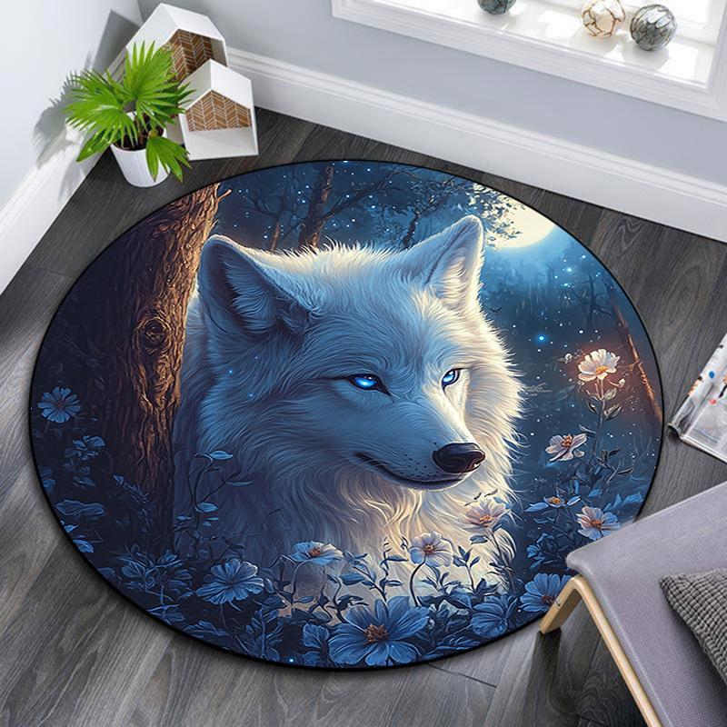 Wolf in Moonlit Round Area Rug,Carpet Rug for Living Room Bedroom Sofa Playroom Decor,Non-slip Floor Mat