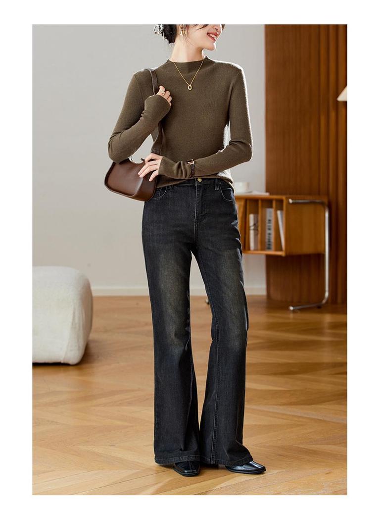 Women's Cotton Cocoon Half-High Collar Knitwear - Slim Fit Solid Color Base Layer Top (Spring/Autumn 2026)