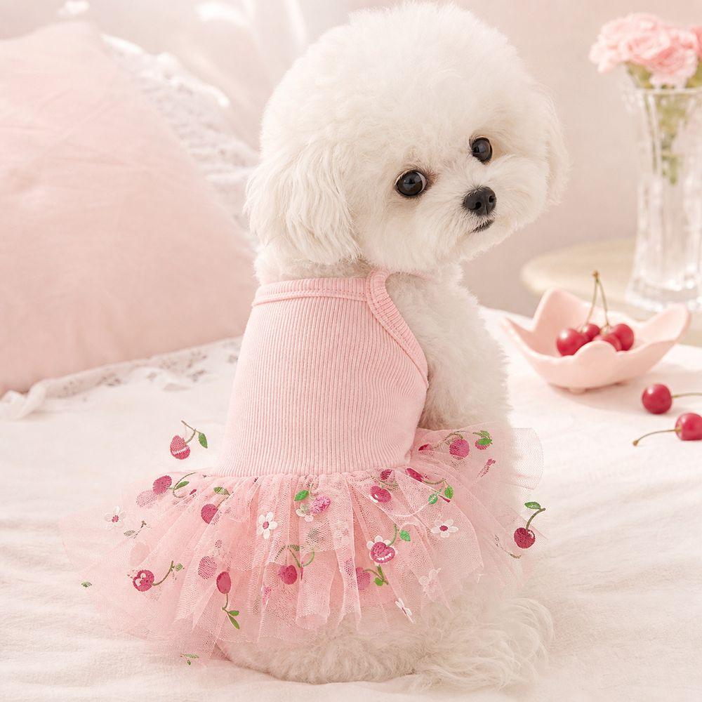 Lace Puppy Skirt Dress Cherry Print Pet Suspender Dress Cute Pet Dog Dress Puppies and Cats