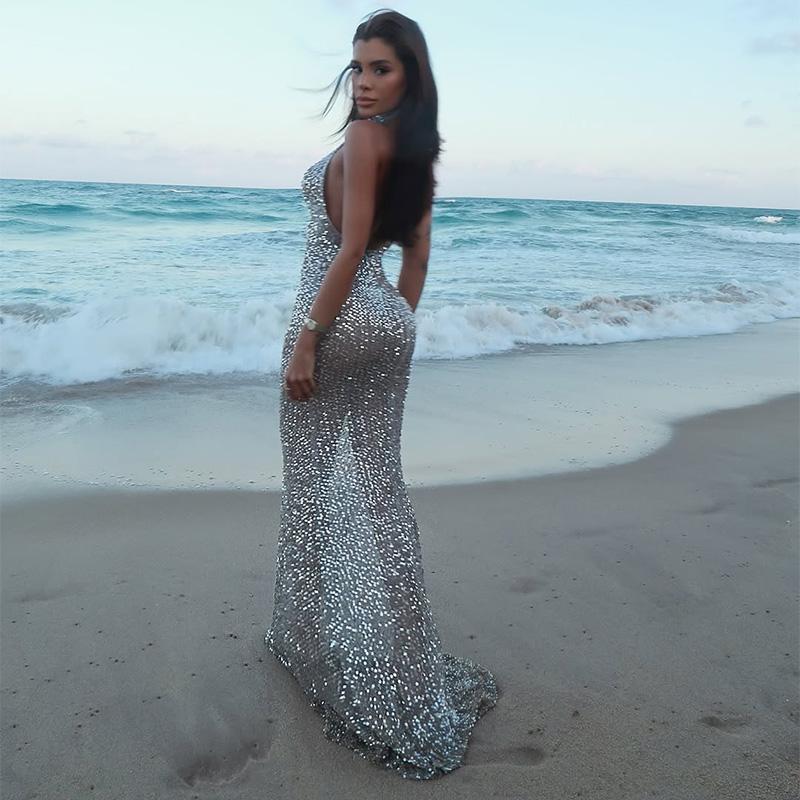 Shiny Sequin Backless Maxi Dress Women Sexy Halter Backless Lace Up Hip Package Mermaid Dresses 2025 Summer Beach Vacation Robes