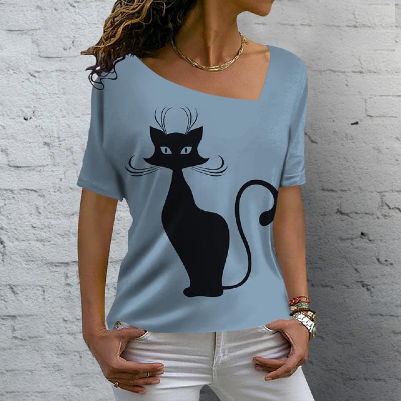 Roztomilá dámská trička Letní 3d Butterfly Cat Potisk Topy Tričko Street Denní oblečení s výstřihem do V Tričko nadměrné velikosti pro ženy Oblečení