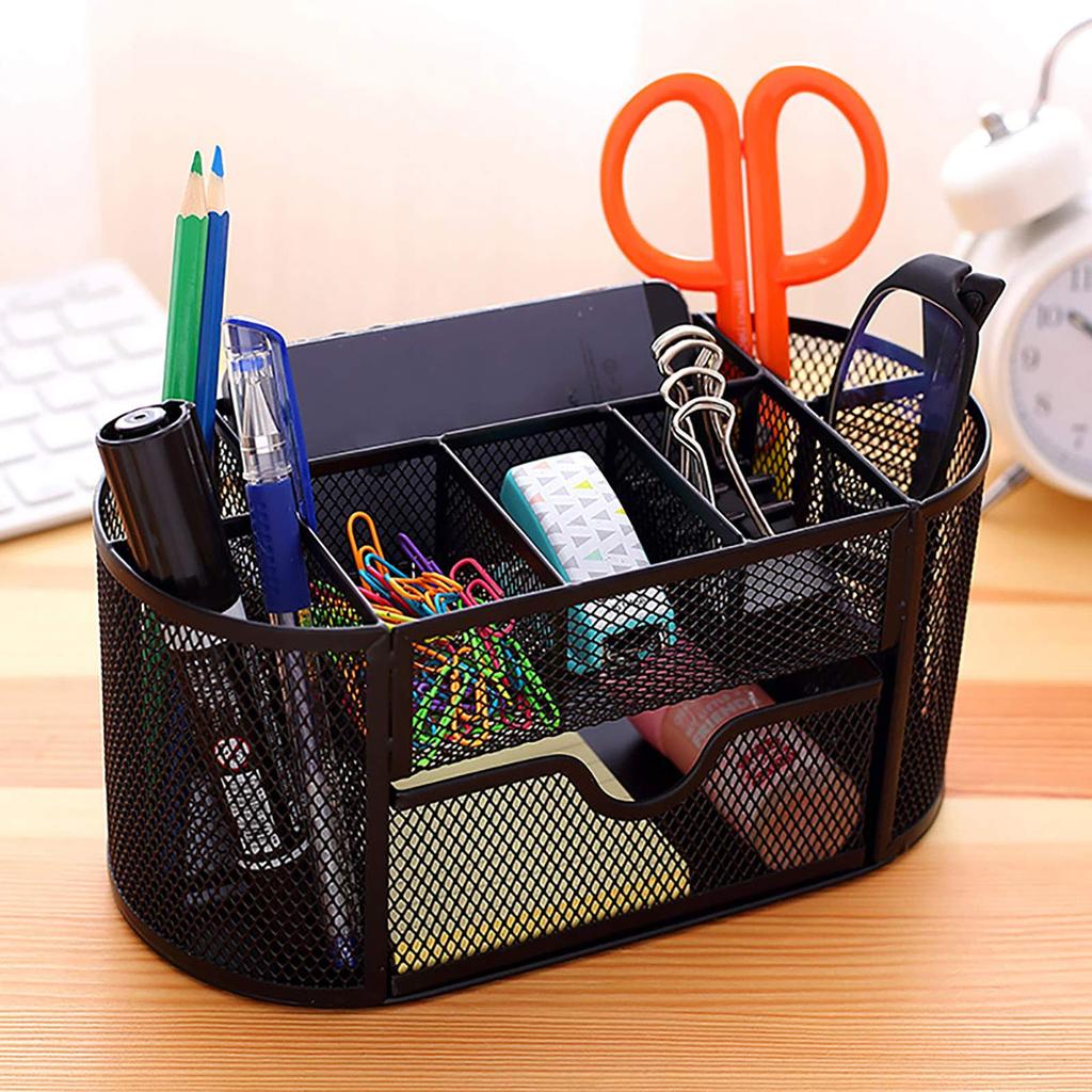 VANRA Pen Holder Metal Mesh Desk Organizer with Drawer Accessory Case Multifunctional Stationery Storage Supplies 8 Sizes