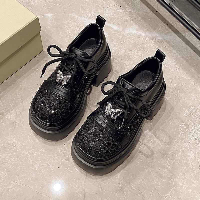New leather sequined cloth thick sole thick heel lace-up low-top shoes single shoes round head women's shoes