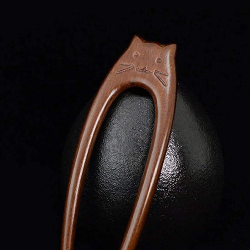 Artistic Cats Pattern Wood Hairpin Unique Hair Fork Ethnic Style Hairpin for Women Girls Ethnic Style Hair Accessories