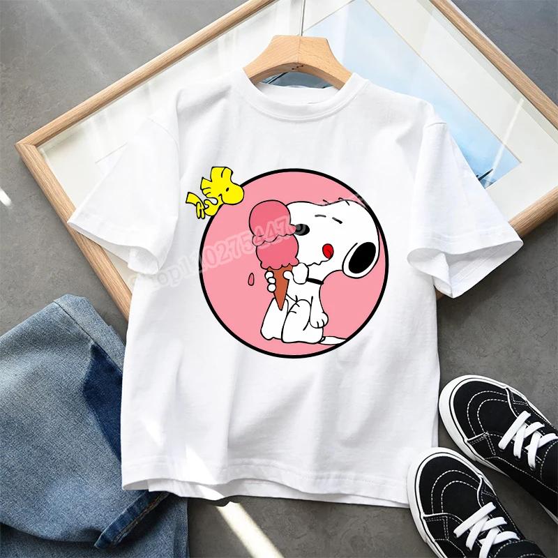 Snoopys Child Short Sleeve Tshirt Boys Girls Summer Casual Round Neck Tops Anime Character Print Pullover Kids Birthday Gifts