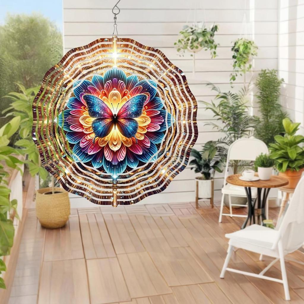 Bohemian Mandala Floral Butterfly Wind Spinner 3D Stainless Steel Metal Sculpture for Garden Outdoor Indoor Decor Gift