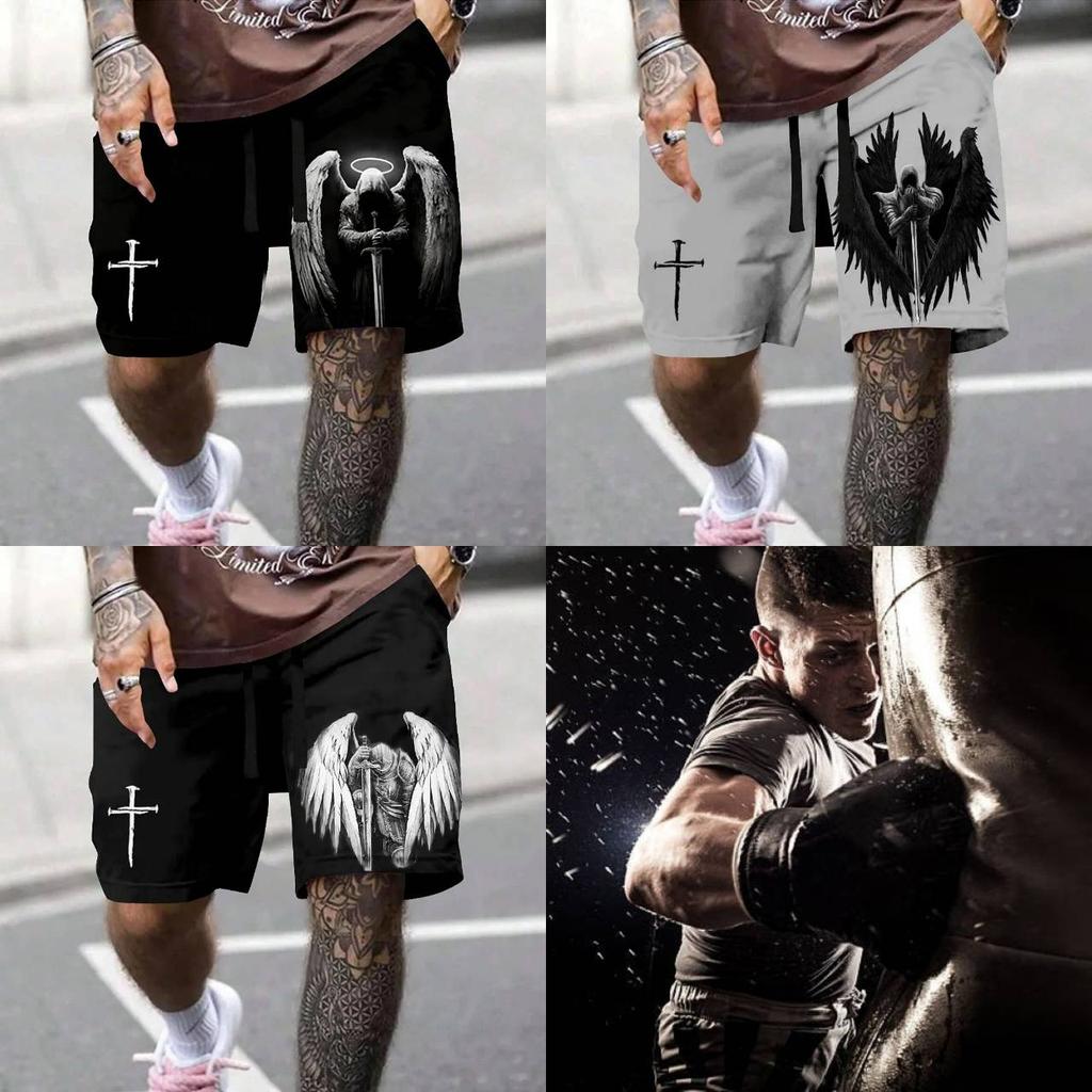 Boxing Shorts Pants 3D Print Fighting Training Retro Cross Angel Knight God Unisex Men Women Quick Dry Fitness Gym Sport Workout Casual Streetwear