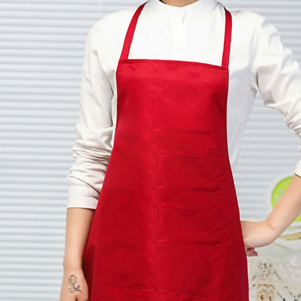 Kitchen Apron Solid Color Dual Pockets Back Strap Soft Polyester Chef Apron for Household Jujube Red