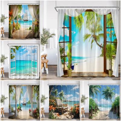 Moderne Schönheit Strandlandschaft Duschvorhang Sommerurlaub Strandlandschaft Segeln Badezimmerdekoration Duschvorhang