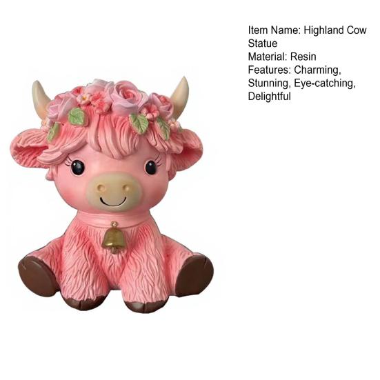 Pink Highland Cow Figurine Resin Highland Cow Statue Small Cute Cattle Sculpture for Garden Table Shelf Kitchen Home Decor