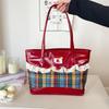 Rural Style Lace Bow Shoulder Bag Lattice Commuting Tote Bag Portable Denim Plaid Handbag  Women