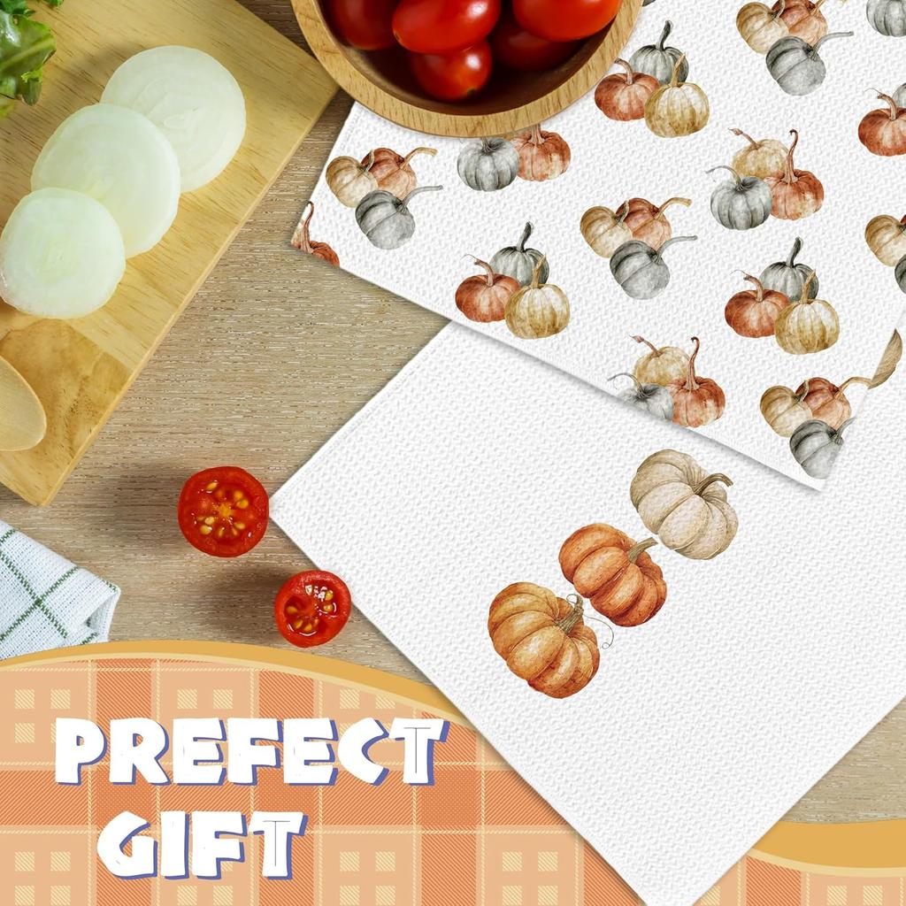 Fall Pumpkin Kitchen Towels Decor Set of 2 - Retro Autumn Moody Fall Hand Tea Towels, Rustic Cottagecore Fall Dish Towel Dishcloths Decorations for