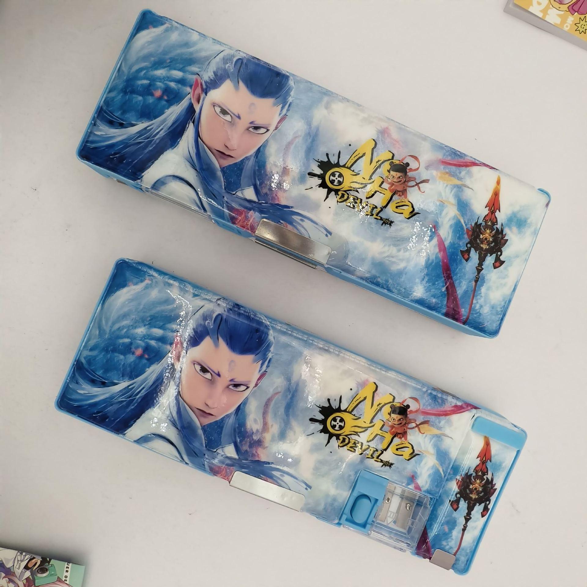 Nezha Light Blue Double-Layer Pencil Case - Ao Bing Multi-Functional Design for Boys, Large Capacity, Ideal Children s Day Gift