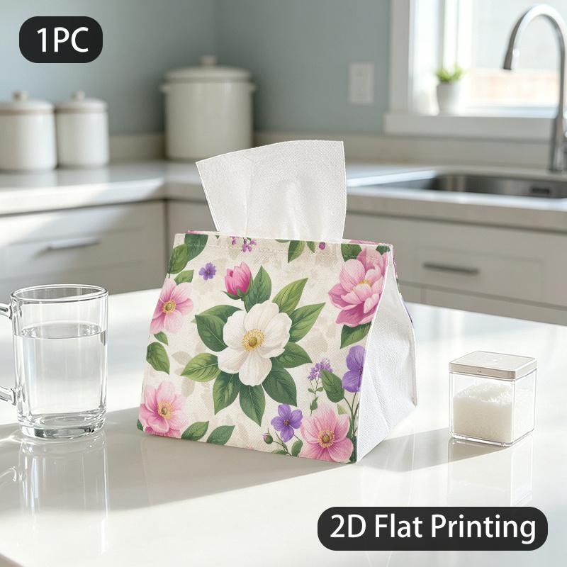1pc Tissue Box, Watercolor Floral Style Romantic Colorful Blooms Pattern, 2D Flat Printing, Made from Tough Polyester, Machine Washable, Napkin Box, F