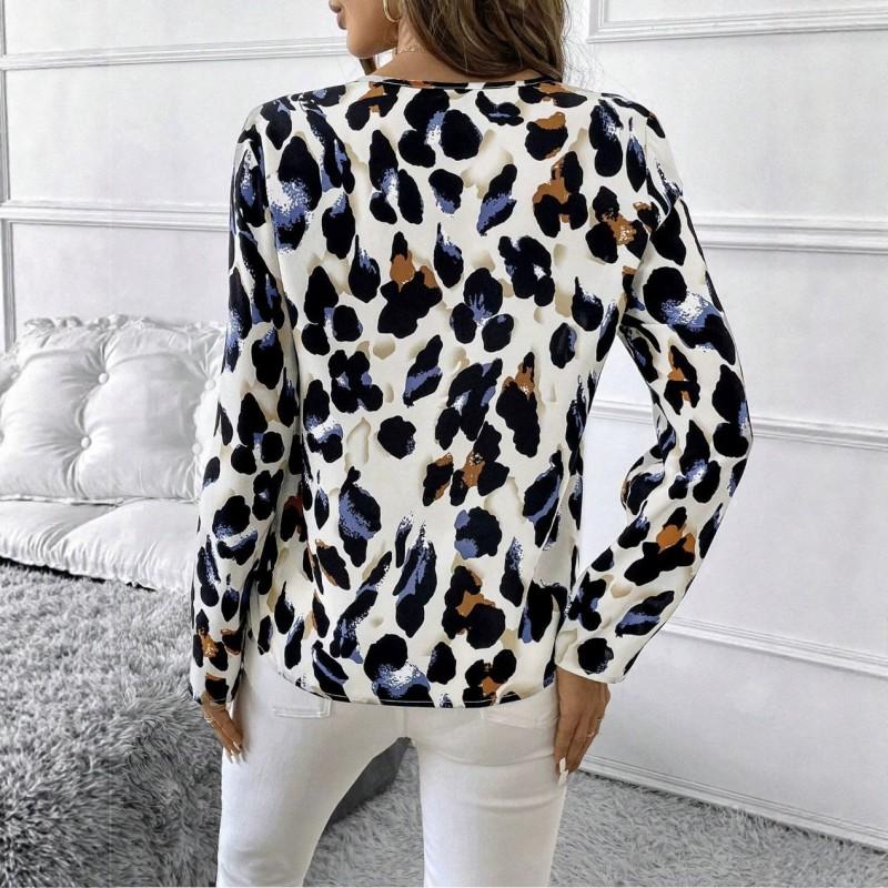 Elegant Leopard Print Long Sleeve Shirt Women Loose Fit V-Neck Casual Office Wear